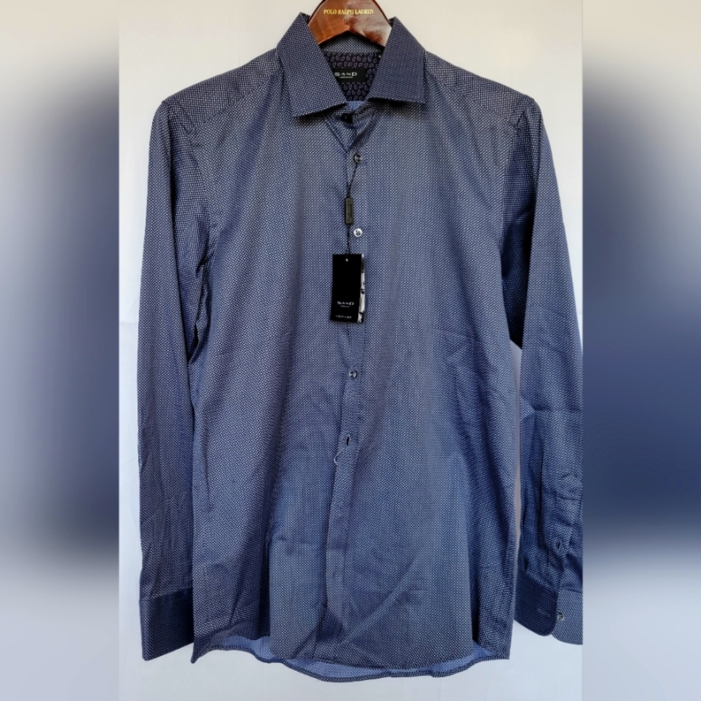 NTW Men's SAND Copenhagen Casual Shirt, Dark Blue with Geometric Print, Size 39